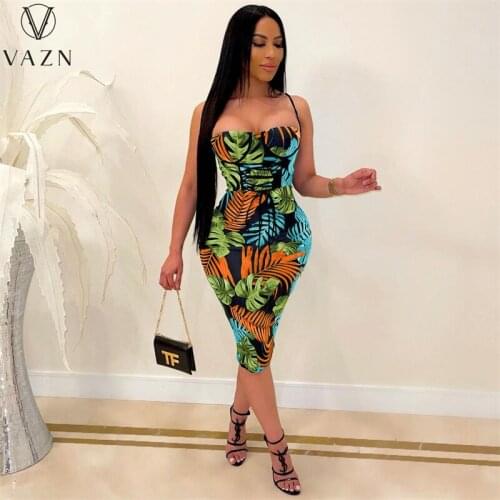 VAZN 2021 Sleeveless Strapless Print Cocktail Short Mini Dress Women Elegant Fashion Dress Slim Dress Club Birthday Shinny Dress