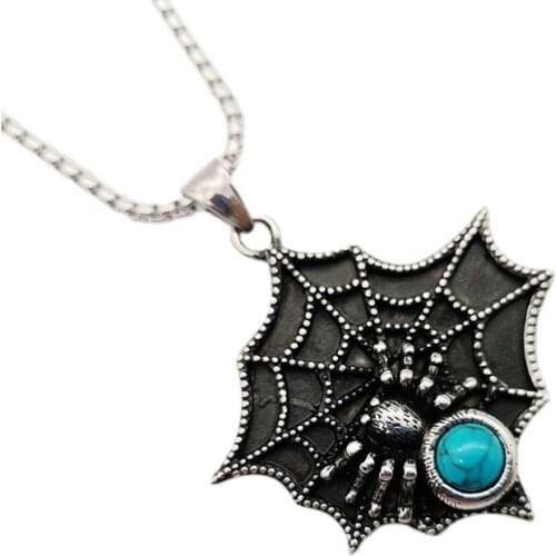 Vintage 316L stainless steel hip hop spider net pendant necklace Blue stone spider necklace halloween jewelry necklace