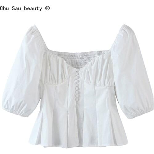 Summer New Fashion Vintage Square Collar Single Breasted White Ruffled Pleated Short Puff Sleeved Blouse Woman Short Tops