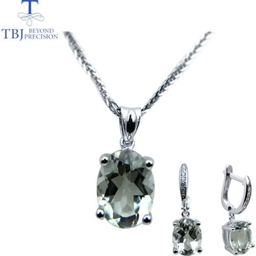 TBJ,Simple natural green amethyst gemstone jewelry Necklaces and earrings set in 925 silver gemstone for women with gift box
