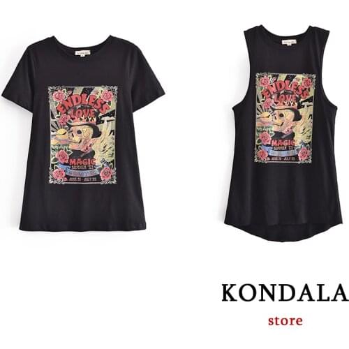 Za Chic Black Oversize Tshirts Cotton Skulls Flower Print 2021 Summer Short Sleeve Streetwear Tops Mujer Casual Vest Tshirts