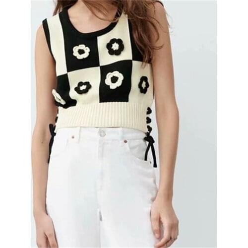 MESTTRAF Women 2021 Fashion Floral-Shaped Crop Crochet Knit Vest Sweater Vintage Sleeveless Side Ties Female Waistcoat Streetwea