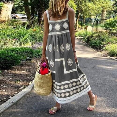 70% Hot Sell Women Vintage Summer Sleeveless Rhombus Print Large Hem Beach Long Sling Dress