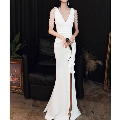 White Cocktail Dresses Sexy Satin Bead Mermaid High Slit V-Neck Sleeveless Ruffle Floor Length Formal Party Guests Evening Gowns