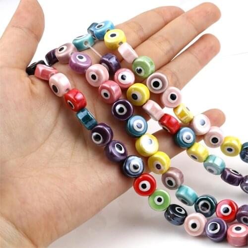 10.5mm Ceramic Religious Beads Flat Round At Random Color Eye Colorful Loose Spacer Beads DIY Bracelets Women Jewelry,1Strand