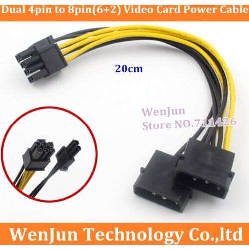100PCS Free Shippig Graphics Video Card Dual 4Pin IDE Molex to PCI-E PCIe 8Pin (6+2)pin Power Supply Cable Cord 18AWG Wire