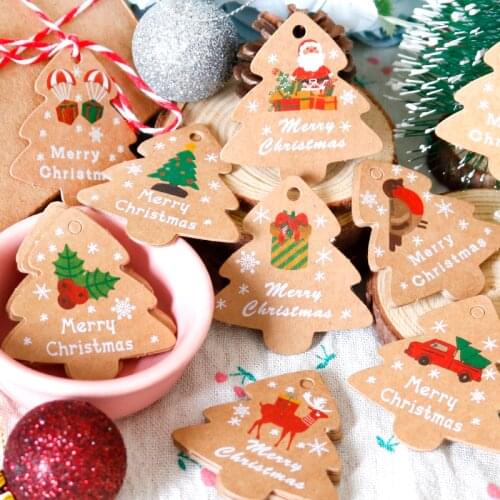 48sets Merry Christmas Gift Tags Santa Claus Snowman Xmas Tree Shape DIY Hang Tags with Rope New Year Party Gift Wrapping Labels