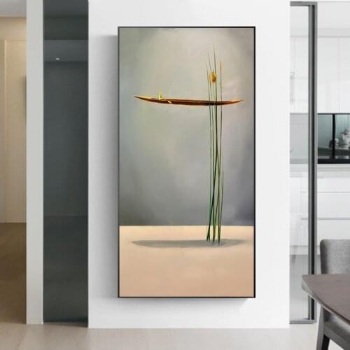 Abstract New Chinese Style Gold Boat Art Poster Natural Landscape Canvas Print Painting Wall Art Pictures for Living Room Decor