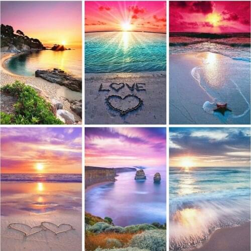 Huacan Diamond Mosaic Embroidery Beads Sets Seaside 5D Diamond Art Painting Sunset Landscape Handmade Gift Home Decoration