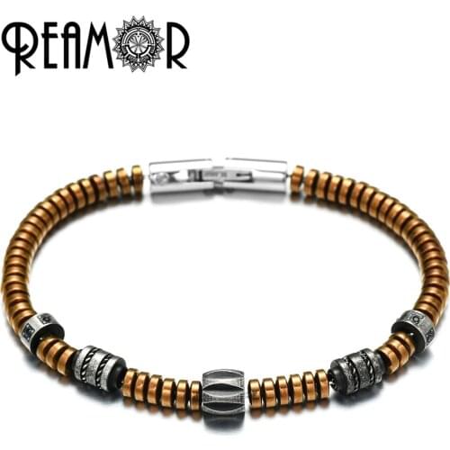 REAMOR Vintage DIY Men Women Bracelets Detachable Black CZ Inlay Stainless Steel Beads Coffee Golden Hematite Bracelet Jewelry
