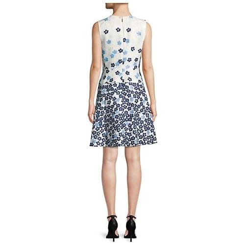 Designers Bicolor Pale Blue Floral Jacquard Fit-Flare Tank Racer Picnic Dress Sweety Sleeveless Poppy Flower Brocade Vacay Gown