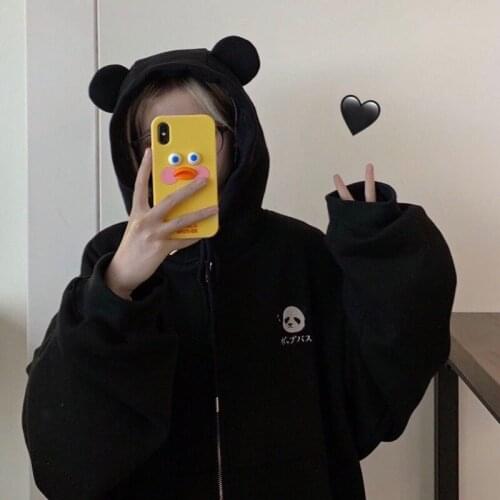 HOUZHOU Kawaii Panda Ear Zip Up Hoodie Black Harajuku Zipper Sweatshirts Girls Long Sleeve Korean Fashion Women Cute Autumn Coat
