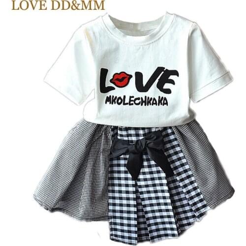LOVE DD&MM Girls Sets 2020 Summer New Kids Clothing Girls Letter Printing Short-Sleeved T-Shirt + Irregular Plaid Skirt Suit