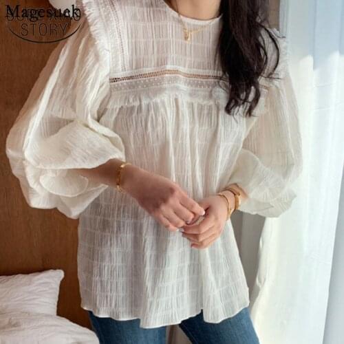 Korean Pleated Summer Chiffon Shirt Lantern Sleeve Tassel Stitching Loose Womens Blouse Hollow Lace Round Neck Top Women 15357