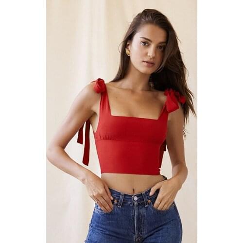 Sexy White Women Crop Top Red Square Neck Sleeveless Bow Shoulder Strap Short Top Women Streetwear Basic Exposed Navel Tank Top