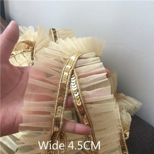 4.5CM Wide Delicate Golden Sequins Lace fabric Embroidered Ribbon Pleat Collar Applique Edge Trim For Sewing Clothing DIY Crafts