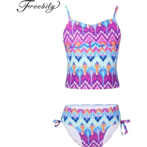 Swimsuit for Little Girl Kids Swimsuits Colorful Print Tank Top + Side Drawstring Bikini Thong Summer 2pcs Swimwear Bathing Suit