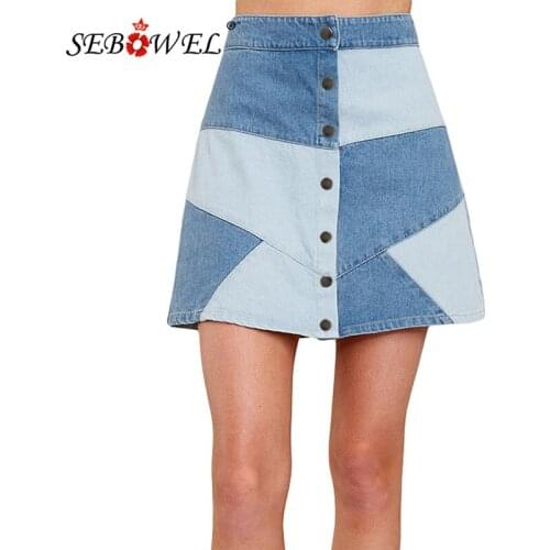 SEBOWEL Summer Woman Light Blue Denim Skirts Block Color Button Female Ladies A-lined All-match Mini Skirt for Casual Size S M L