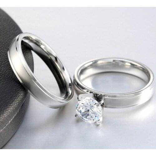 Fashion Round CZ Stainless Steel Ring Band Size 5-10 Set Couple Wedding Gift Band Lover Ring Jewelry