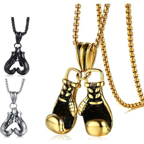 Mens Hiphop Punk Stainless Steel Necklace Gold Black Silver Plated Chain Double Boxing Gloves Pendant Necklace for Jewelry Gift