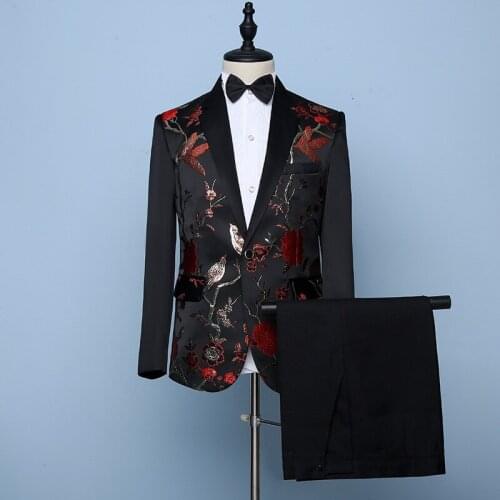 2021 Mens Embroidered Suit New MC Host Pattern Color Matching Suit Two Pieces