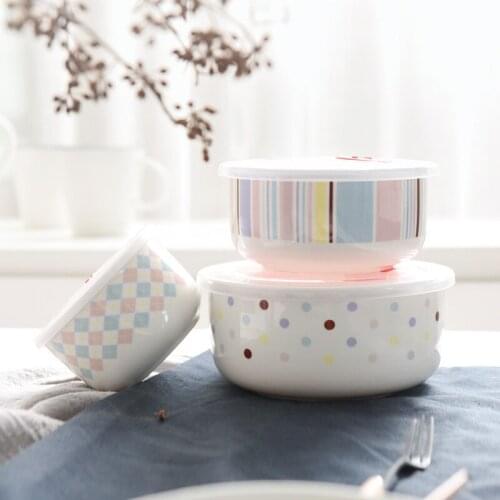 3 Pieces Set Ceramic Ramen Instant Noodles Bowl With Sealing Cover Cap Soup Salad Food Keep Fresh Container Bol Heated Lunch Box