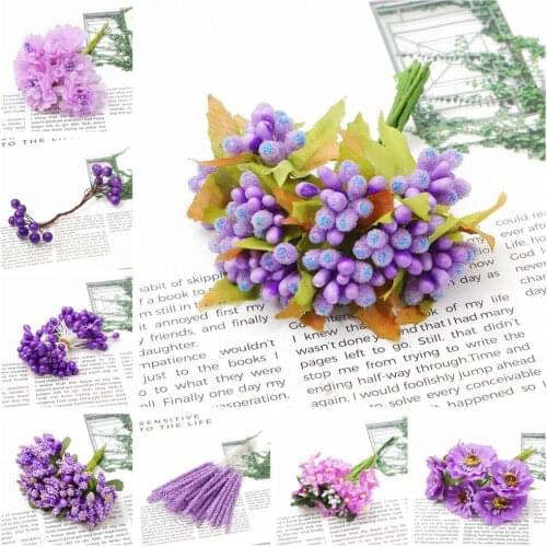 Mix Purple Flower Cherry Stamen Berries Bundle for DIY Christmas Wedding Cake Gift Box Wreaths Decoration 6/10/12/50/60/70/90pcs