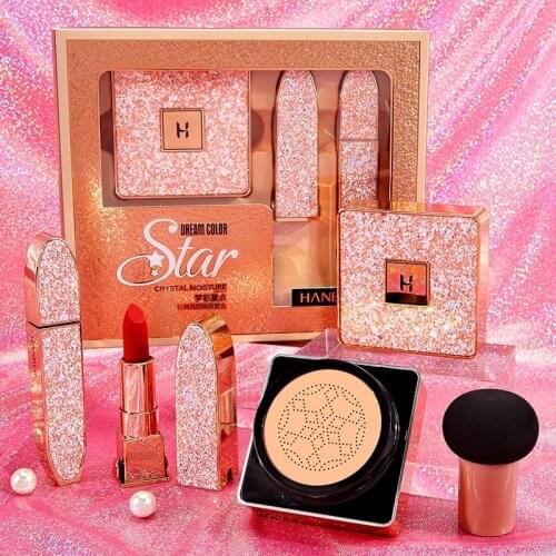 New Pink Cosmetic Set Makeup Air Cushion Finishing Powder Face Powder Pearly Lustre Non-Stick Cup Lipstick Mascara Kit Gift Box