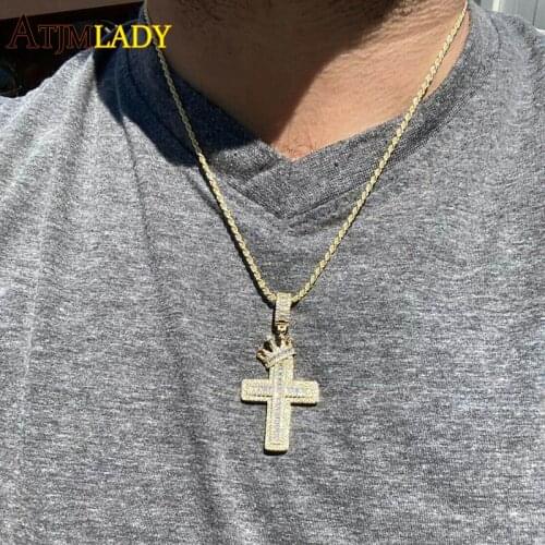 Men Boy Hip Hop Cross Crown Pendant Necklace With Gold Plated Silver Color Rope Chain Iced out Bling Clear CZ Fashion Jewelry