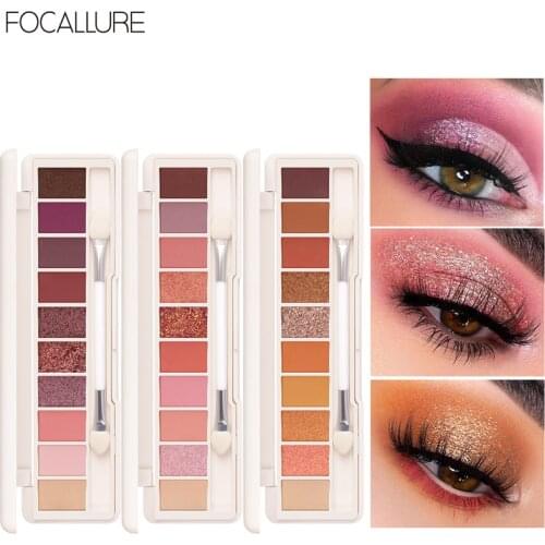 FOCALLURE 10 Color Eye Shadow Palette Glitter Waterproof 4 Textures Palette With Dual-ended Brush Mirror Eye Makeup TSLM1