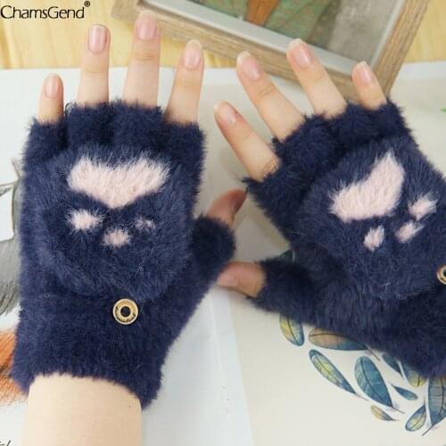 Womens Kawaii Plush Flip Gloves Winter Faux Fur Cute Paw Print Fingerless Mittens Gloves Christmas Halloween For Womens Girls
