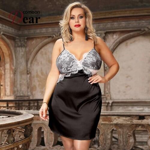 Comeondear Sexy Satin Lace Stitching Open Back Babydoll Ladies Summer Lingerie Erotic Nightdress Hot Underwear Plus Size RA80979