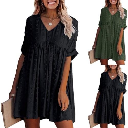 Korean Style Womens Summer Dress Casual High Waist Dot Mesh V-neck Solid Short Sleeve Dresses For Women Loose Leisure Sundress