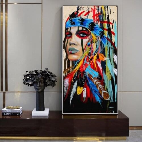Pop Art Indian Girl Canvas Art Wall Paintings Watercolor Indian Woman With Feather Posters And Prints For Living Room Wall Decor