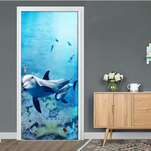 Self Adhesive Decal Home Decor Dolphin Animal DIY Door Sticker Seascape Paper for Living Room PVC Waterproof 3D Print Photo Art