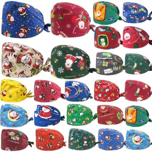 Christmas Pattern Scrub Caps Gorros Cartoon Printed Cotton Sweatband Hats Beauty Salon Pet Shop Elastic Bandage Working Hat