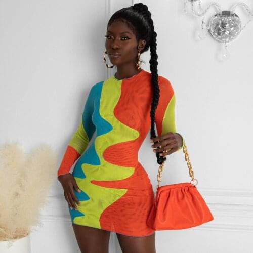 Sexy Color Block Patchwork Sheer Mesh Mini Dress O Neck Long Sleeve See Through Clubwear Party Dresses Women Clothing Robe