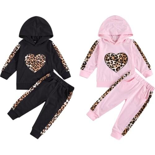 1-5Y Children Girls Clothing Sets Fashion Toddler Kids Girl Heart Leopard Print Hoodies Tops+Pocket Pants Casual Tracksuits Sets