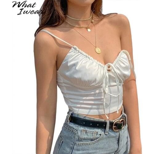 Womens Summer Harajuku Sexy V-neck Camisole Silky Soft Fabric Women Girls Drawstring Crop Tops Fitted Club Party Tank Top