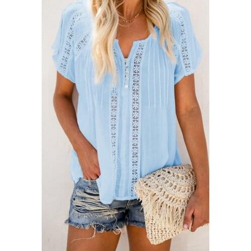 CINESSD Women Solid Hollow Chiffon Blouses V Neck Short Sleeve Button Casual Tops Summer Draped Pullover Office Lady Blue Blouse
