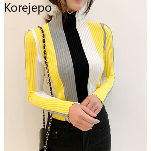 Korejepo Women Knitted Shirt 2021 Autumn Winter Casual Striped Women Sweater Bodycon Long Sleeve Turtle Neck Pullover Patchwork