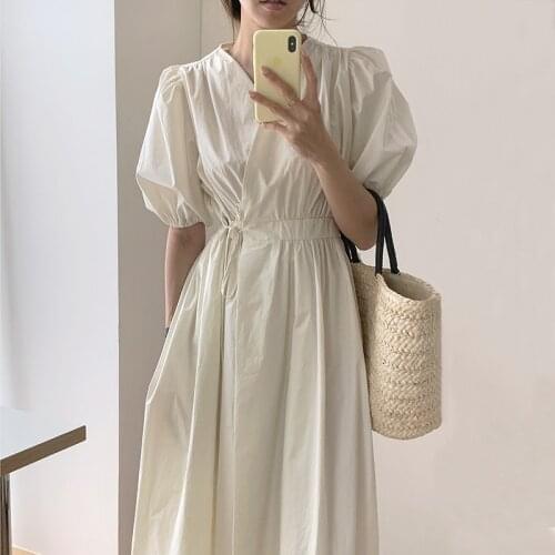 French V-neck Cross Tie Waist Slim Puff Sleeve A-LINE Belt Casual Ankle-Length Woman Dress X432