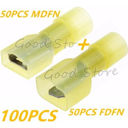 100PCS/50Sets MDFN+FDFN Transparent YELLOW Brass Male Female Male Insulated Spade Joint Connector Crimp Terminal Connectors Plug