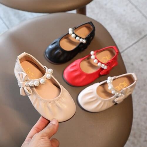 2021 New Elegant Children Shoes Girls with Bow-tie Black Beige Red Soft Bottom School Shoes for Girls Beading Mary Janes E08082