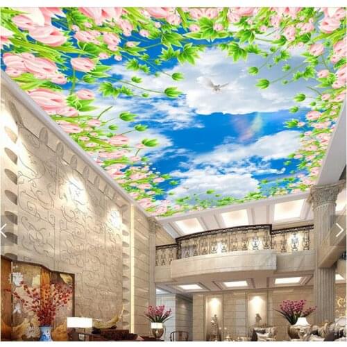 3d ceiling murals wallpaper custom photo non-woven blue sky clouds of flowers painting 3d wall mural wallpaper for living room