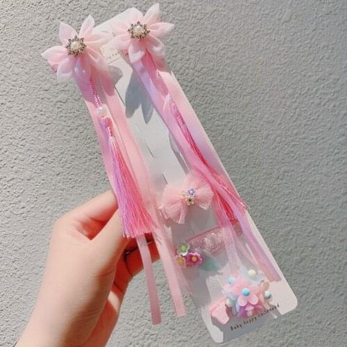 5Pcs/Set Girls Beautiful Hanfu Pink Yarn Flower Hair Clips Sweet Hair Ornament Headband Hairpins Flower Kids Hair Accessories