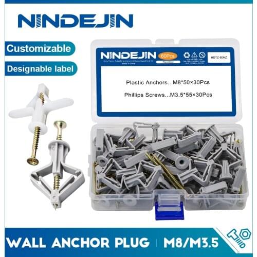60pcs/set plastic drywall anchor M8*35/50mm wall anchor plug with M3.5 self tapping screw butterfly anchor for plasterboard