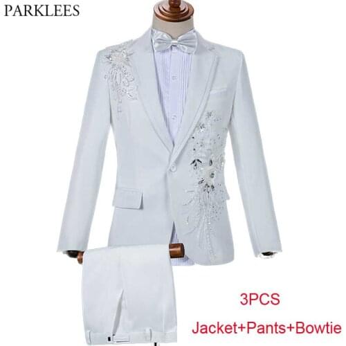 White Wedding Groom Suits Pants Men Slim Fit One Button Sequin Embroidery Tuxedo Suit Men Peak Lapel Stage Costume Traje Hombre