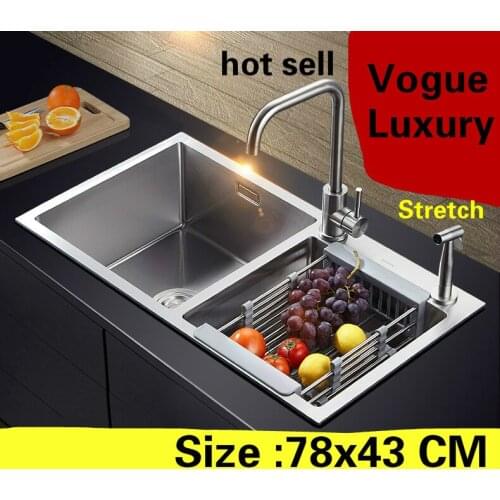 Free shipping Apartment high quality kitchen manual sink double groove standard food grade 304 stainless steel hot sell 78x43 CM