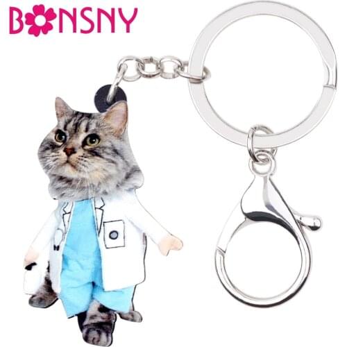 Bonsny Statement Cartoon Lovely Suits Cat Kitten Key Chains Keychain Rings Handbag Car Charms Animal Jewelry For Women Girls Pet